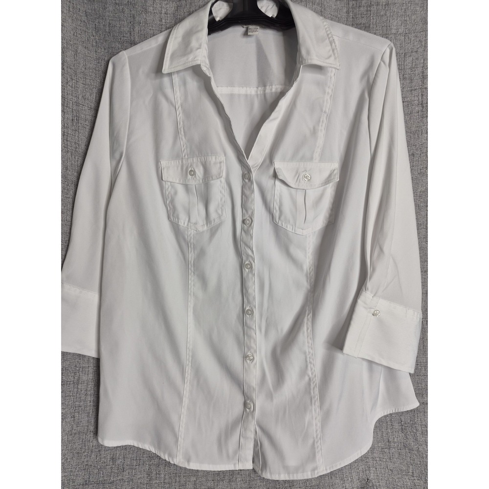 CATO est 1946 14/16W White 3/4 Sleeve Stretch Button Top Blouse V-neck Collared
